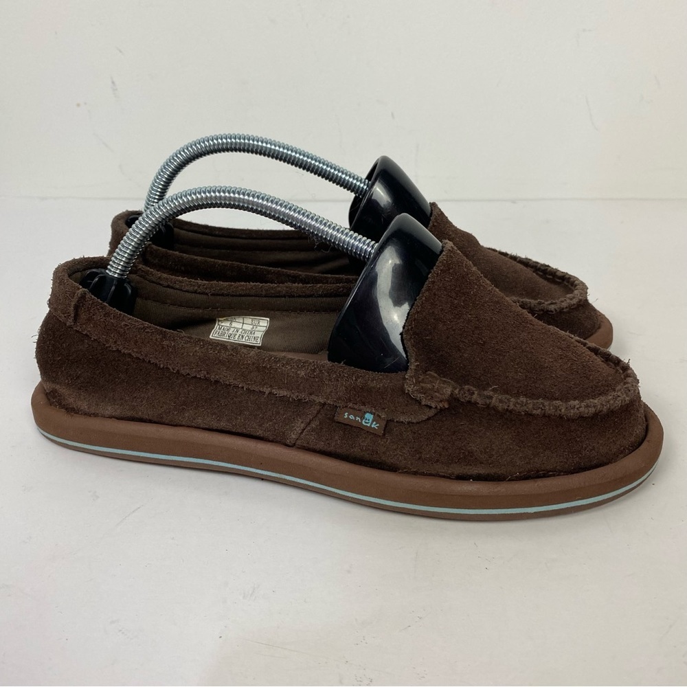 Sanuk brown leather suede slip on flats